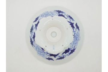 大正〜昭和初期　深川製磁　オールド深川　ウズラ紋　染付　約25cm　8寸　繊細に絵付けされた深鉢(うずら、草花、皿、深皿、八寸、和皿、和食器)(R-078512)