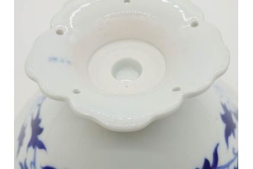 大正〜昭和初期　深川製磁　オールド深川　ウズラ紋　染付　約25cm　8寸　繊細に絵付けされた深鉢(うずら、草花、皿、深皿、八寸、和皿、和食器)(R-078512)