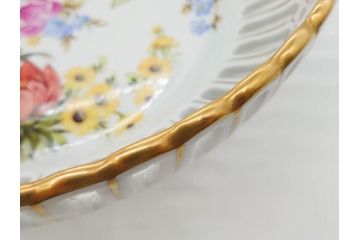 ドイツ　Von Schierholz( フォン・シアーホルツ)　透かしの縁と鮮やかな花柄が上品なボウル(花、フラワー、金彩、レース、フリル、旧東ドイツ、透かし皿、変形皿、手描き、磁器、深皿、洋食器)(R-078513)