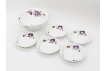 オールドノリタケ　NORITAKE　ヤジロベー印　可憐なスミレのデザインが可愛らしいボウル&プレート5枚セット(日本陶器會社、菫、花、フラワー、皿、深皿、中皿、なます皿、どんぶり、洋食器)(R-078514)