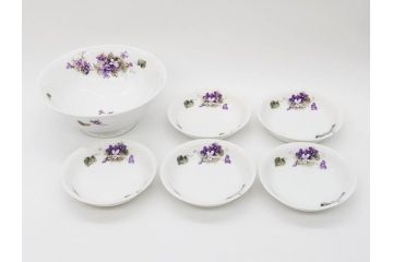 オールドノリタケ　NORITAKE　ヤジロベー印　可憐なスミレのデザインが可愛らしいボウル&プレート5枚セット(日本陶器會社、菫、花、フラワー、皿、深皿、中皿、なます皿、どんぶり、洋食器)(R-078514)