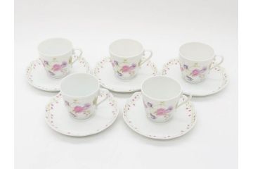 ビンテージ　フランス　LIMOGES　リモージュ　GIRAUD(ジロー)　淡い色彩で描かれた花のデザインが可愛らしいカップ&ソーサー5客セット(C&S、ヴィンテージ、花柄、フラワー、磁器、洋食器)(R-078517)
