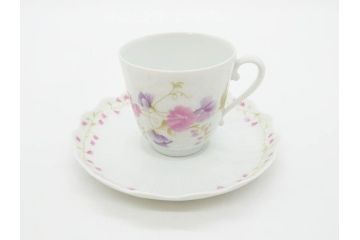 ビンテージ　フランス　LIMOGES　リモージュ　GIRAUD(ジロー)　淡い色彩で描かれた花のデザインが可愛らしいカップ&ソーサー5客セット(C&S、ヴィンテージ、花柄、フラワー、磁器、洋食器)(R-078517)