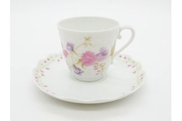ビンテージ　フランス　LIMOGES　リモージュ　GIRAUD(ジロー)　淡い色彩で描かれた花のデザインが可愛らしいカップ&ソーサー5客セット(C&S、ヴィンテージ、花柄、フラワー、磁器、洋食器)(R-078517)