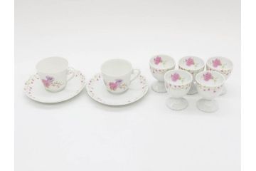 ビンテージ　フランス　LIMOGES　リモージュ　GIRAUD(ジロー)　淡い色彩で描かれた花のデザインが可愛らしいデミタスカップ&ソーサー2客・エッグカップ5客セット(ヴィンテージ、花柄、フラワー、磁器、プレート、洋食器)(R-078518)