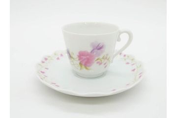 ビンテージ　フランス　LIMOGES　リモージュ　GIRAUD(ジロー)　淡い色彩で描かれた花のデザインが可愛らしいデミタスカップ&ソーサー2客・エッグカップ5客セット(ヴィンテージ、花柄、フラワー、磁器、プレート、洋食器)(R-078518)