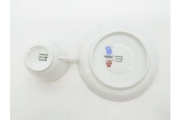 ビンテージ　フランス　LIMOGES　リモージュ　GIRAUD(ジロー)　淡い色彩で描かれた花のデザインが可愛らしいデミタスカップ&ソーサー2客・エッグカップ5客セット(ヴィンテージ、花柄、フラワー、磁器、プレート、洋食器)(R-078518)