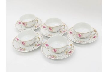 フランス　LIMOGES(リモージュ)　Georges Boyer(ジョルジュ ボワイエ)　気品漂うティーカップ&ソーサー5客セット(バラ、薔薇、ローズ、C&S、磁器、金彩、洋食器)(R-078519)