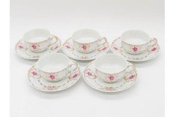 フランス　LIMOGES(リモージュ)　Georges Boyer(ジョルジュ ボワイエ)　気品漂うティーカップ&ソーサー5客セット(バラ、薔薇、ローズ、C&S、磁器、金彩、洋食器)(R-078519)