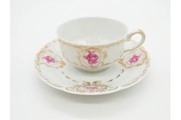 フランス　LIMOGES(リモージュ)　Georges Boyer(ジョルジュ ボワイエ)　気品漂うティーカップ&ソーサー5客セット(バラ、薔薇、ローズ、C&S、磁器、金彩、洋食器)(R-078519)