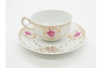 フランス　LIMOGES(リモージュ)　Georges Boyer(ジョルジュ ボワイエ)　気品漂うティーカップ&ソーサー5客セット(バラ、薔薇、ローズ、C&S、磁器、金彩、洋食器)(R-078519)