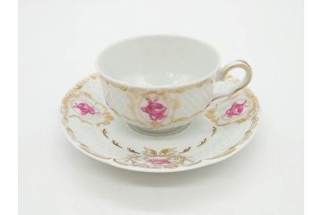 フランス　LIMOGES(リモージュ)　Georges Boyer(ジョルジュ ボワイエ)　気品漂うティーカップ&ソーサー5客セット(バラ、薔薇、ローズ、C&S、磁器、金彩、洋食器)(R-078519)