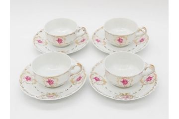 フランス　LIMOGES(リモージュ)　Georges Boyer(ジョルジュ ボワイエ)　気品漂うティーカップ&ソーサー4客セット(バラ、薔薇、ローズ、C&S、磁器、金彩、洋食器)(R-078520)