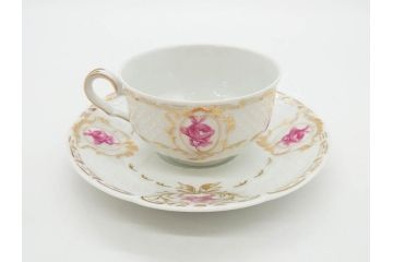 フランス　LIMOGES(リモージュ)　Georges Boyer(ジョルジュ ボワイエ)　気品漂うティーカップ&ソーサー4客セット(バラ、薔薇、ローズ、C&S、磁器、金彩、洋食器)(R-078520)