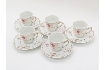 フランス　LIMOGES(リモージュ)　Georges Boyer(ジョルジュ ボワイエ)　気品漂うコーヒーカップ&ソーサー5客セット(C&S、バラ、薔薇、ローズ、磁器、金彩、洋食器)(R-078521)