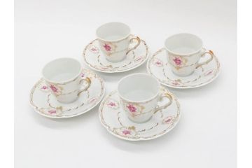 フランス　LIMOGES(リモージュ)　Georges Boyer(ジョルジュ ボワイエ)　気品漂うコーヒーカップ&ソーサー4客セット(C&S、バラ、薔薇、ローズ、磁器、金彩、洋食器)(R-078522)