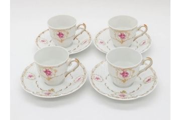 フランス　LIMOGES(リモージュ)　Georges Boyer(ジョルジュ ボワイエ)　気品漂うコーヒーカップ&ソーサー4客セット(C&S、バラ、薔薇、ローズ、磁器、金彩、洋食器)(R-078522)