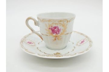 フランス　LIMOGES(リモージュ)　Georges Boyer(ジョルジュ ボワイエ)　気品漂うコーヒーカップ&ソーサー4客セット(C&S、バラ、薔薇、ローズ、磁器、金彩、洋食器)(R-078522)
