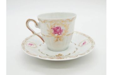 フランス　LIMOGES(リモージュ)　Georges Boyer(ジョルジュ ボワイエ)　気品漂うコーヒーカップ&ソーサー4客セット(C&S、バラ、薔薇、ローズ、磁器、金彩、洋食器)(R-078522)