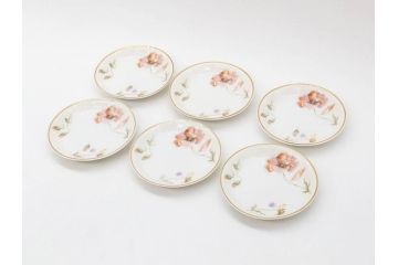 オールドノリタケ　NORITAKE　三越　ヤジロベー印　柔らかい色彩の花のデザインが可愛らしいミニプレート6枚セット(花、フラワー、小皿、豆皿、磁器、洋食器)(R-078524)