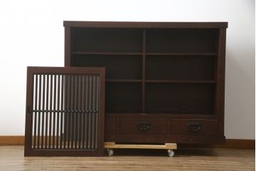 中古　美品!!　タモ材　上質な和の空間づくりにおすすめの水屋箪笥サイドボード(サイドキャビネット、収納棚、戸棚、食器棚、茶箪笥)(R-078574)