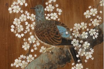 和製アンティーク　日本画　伊藤王作　木製　和の空間づくりにおすすめな桜が大胆に描かれた衝立(つい立て、衝い立て、パーテーション、仕切り)(R-078576)