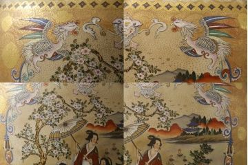 薩摩焼　大京都日文林本寶山　高さ98cm　龍・獅子・鶴・美人画・鳳凰・花鳥図　緻密で絢爛豪華な金襴手特大花瓶・花台セット(花器、花入、花生、飾壷、壺、飾り台、金彩)(R-078582)