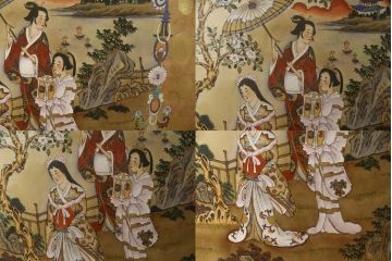薩摩焼　大京都日文林本寶山　高さ98cm　龍・獅子・鶴・美人画・鳳凰・花鳥図　緻密で絢爛豪華な金襴手特大花瓶・花台セット(花器、花入、花生、飾壷、壺、飾り台、金彩)(R-078582)