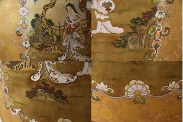 薩摩焼　大京都日文林本寶山　高さ98cm　龍・獅子・鶴・美人画・鳳凰・花鳥図　緻密で絢爛豪華な金襴手特大花瓶・花台セット(花器、花入、花生、飾壷、壺、飾り台、金彩)(R-078582)