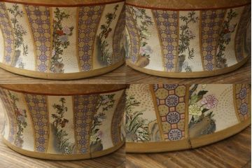 薩摩焼　大京都日文林本寶山　高さ98cm　龍・獅子・鶴・美人画・鳳凰・花鳥図　緻密で絢爛豪華な金襴手特大花瓶・花台セット(花器、花入、花生、飾壷、壺、飾り台、金彩)(R-078582)