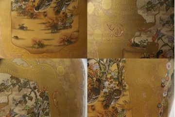 薩摩焼　大京都日文林本寶山　高さ98cm　龍・獅子・鶴・美人画・鳳凰・花鳥図　緻密で絢爛豪華な金襴手特大花瓶・花台セット(花器、花入、花生、飾壷、壺、飾り台、金彩)(R-078582)