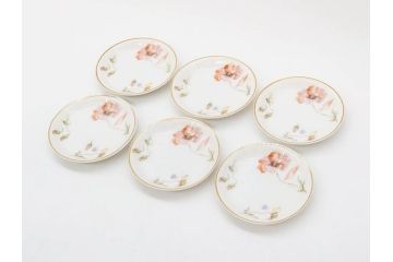 オールドノリタケ　NORITAKE　三越　ヤジロベー印　柔らかい色彩の花のデザインが可愛らしいミニプレート6枚セット(花、フラワー、小皿、豆皿、磁器、洋食器)(R-078631)