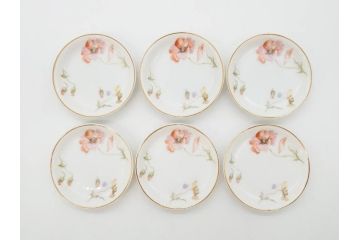 オールドノリタケ　NORITAKE　三越　ヤジロベー印　柔らかい色彩の花のデザインが可愛らしいミニプレート6枚セット(花、フラワー、小皿、豆皿、磁器、洋食器)(R-078631)