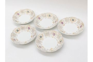 フランス　LIMOGES(リモージュ)　Georges Boyer(ジョルジュ ボワイエ)　バラの絵付けが上品なプレート5枚セット(薔薇、ローズ、磁器、金彩、深皿、小皿、洋食器)(R-078632)