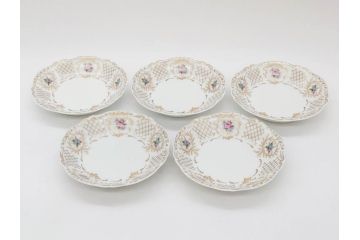 フランス　LIMOGES(リモージュ)　Georges Boyer(ジョルジュ ボワイエ)　バラの絵付けが上品なプレート5枚セット(薔薇、ローズ、磁器、金彩、深皿、小皿、洋食器)(R-078633)