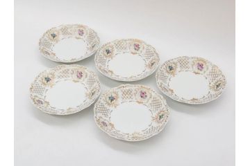 フランス　LIMOGES(リモージュ)　Georges Boyer(ジョルジュ ボワイエ)　バラの絵付けが上品なプレート5枚セット(薔薇、ローズ、磁器、金彩、深皿、小皿、洋食器)(R-078634)