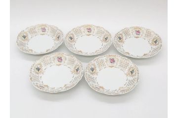 フランス　LIMOGES(リモージュ)　Georges Boyer(ジョルジュ ボワイエ)　バラの絵付けが上品なプレート5枚セット(薔薇、ローズ、磁器、金彩、深皿、小皿、洋食器)(R-078634)