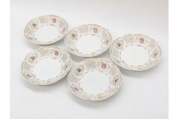 フランス　LIMOGES(リモージュ)　Georges Boyer(ジョルジュ ボワイエ)　バラの絵付けが上品なプレート5枚セット(薔薇、ローズ、磁器、金彩、深皿、小皿、洋食器)(R-078635)