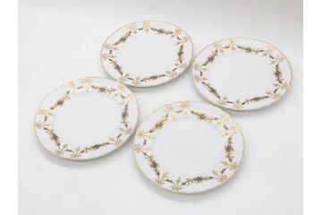 フランス　BERNARDAUD(ベルナルド)　LIMOGES(リモージュ)　マリー・テレーズ　細かな花のガーランドが装飾された優雅なプレート4枚セット(MARIE THERESE、リボン、花、フラワー、金彩、中皿、磁器、洋食器)(R-078638)