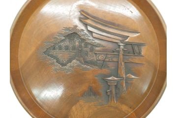 明治〜大正期　厳島神社　木製　彫刻　細かな彫りに匠の技が光る丸盆(トレー、トレイ、お盆)(R-078642)