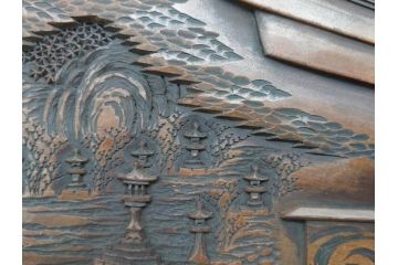 明治〜大正期　厳島神社　木製　彫刻　細かな彫りに匠の技が光る丸盆(トレー、トレイ、お盆)(R-078642)