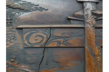 明治〜大正期　厳島神社　木製　彫刻　細かな彫りに匠の技が光る丸盆(トレー、トレイ、お盆)(R-078642)