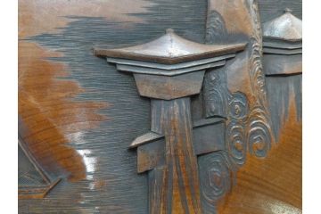 明治〜大正期　厳島神社　木製　彫刻　細かな彫りに匠の技が光る丸盆(トレー、トレイ、お盆)(R-078642)