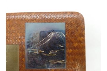 時代物　網代(あじろ)編み　彫金　和の風情を感じる煙草盆(松、舟、山水鳥図、タバコ盆、たばこ盆、小物入れ、小箱、箱付き)(R-078646)