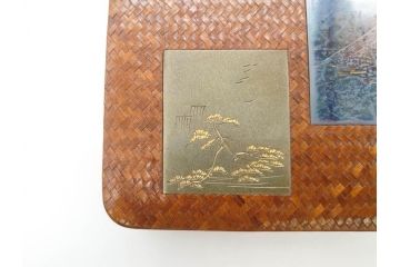 時代物　網代(あじろ)編み　彫金　和の風情を感じる煙草盆(松、舟、山水鳥図、タバコ盆、たばこ盆、小物入れ、小箱、箱付き)(R-078646)