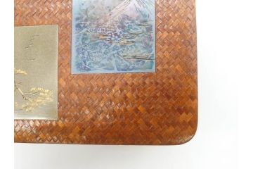 時代物　網代(あじろ)編み　彫金　和の風情を感じる煙草盆(松、舟、山水鳥図、タバコ盆、たばこ盆、小物入れ、小箱、箱付き)(R-078646)