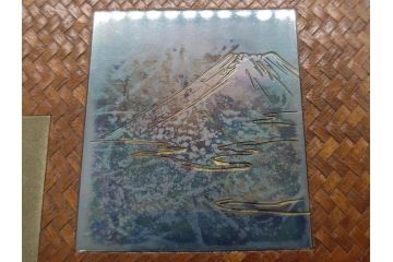 時代物　網代(あじろ)編み　彫金　和の風情を感じる煙草盆(松、舟、山水鳥図、タバコ盆、たばこ盆、小物入れ、小箱、箱付き)(R-078646)