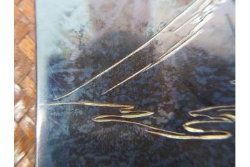 時代物　網代(あじろ)編み　彫金　和の風情を感じる煙草盆(松、舟、山水鳥図、タバコ盆、たばこ盆、小物入れ、小箱、箱付き)(R-078646)