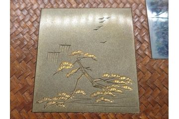 時代物　網代(あじろ)編み　彫金　和の風情を感じる煙草盆(松、舟、山水鳥図、タバコ盆、たばこ盆、小物入れ、小箱、箱付き)(R-078646)