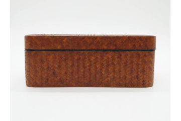 時代物　網代(あじろ)編み　彫金　和の風情を感じる煙草盆(松、舟、山水鳥図、タバコ盆、たばこ盆、小物入れ、小箱、箱付き)(R-078646)